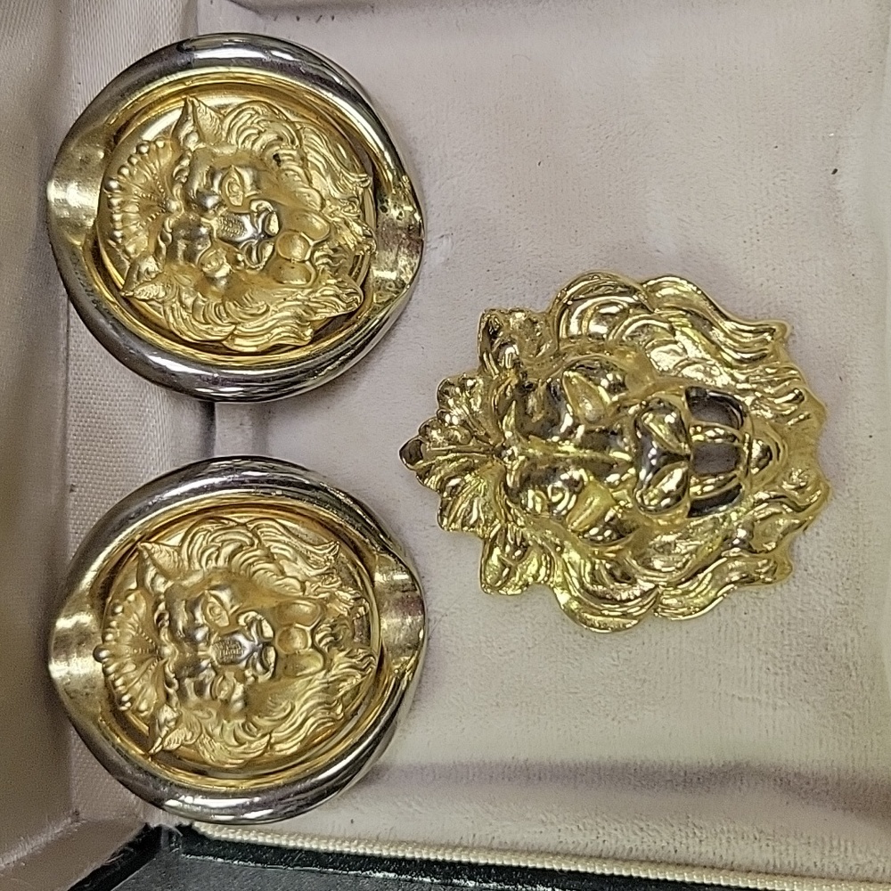 Vintage Lion clip-on earrings and pin set